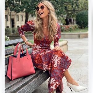 ZARA floral knit v neck maxi dress size small burgundy/copper/blue/silver